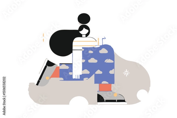 Fototapeta Minimalist Jumping Character Illustration – Modern Cartoon Style, Bold Colors, Floating Person with Abstract Clouds for Tech Branding, Editorial, and App Design.