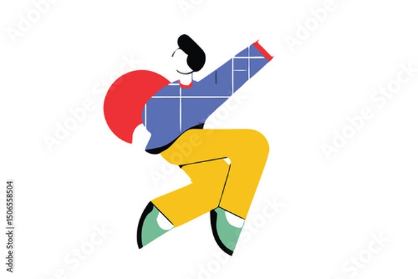 Fototapeta Minimalist Jumping Character Illustration – Modern Cartoon Style, Bold Colors, Floating Person with Abstract Clouds for Tech Branding, Editorial, and App Design.