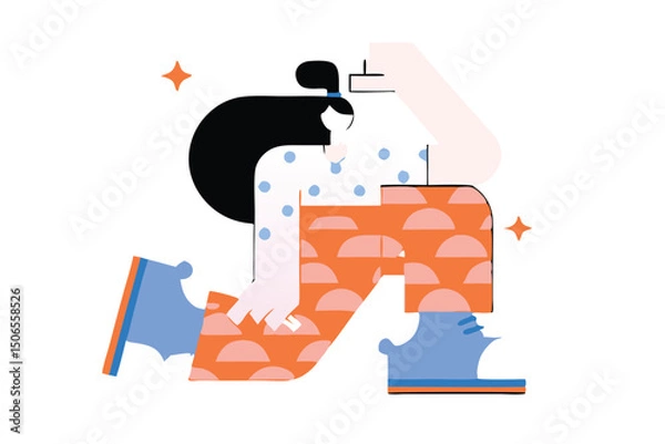 Fototapeta Minimalist Jumping Character Illustration – Modern Cartoon Style, Bold Colors, Floating Person with Abstract Clouds for Tech Branding, Editorial, and App Design.