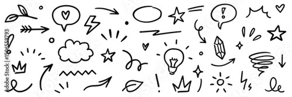 Fototapeta Line marker hand drawn brush arrow element set. Sketch pencil stroke vector graphic pen underline scribble icon. Hand drawn line heart, crown, star symbol highlight marker shape. Vector illustration