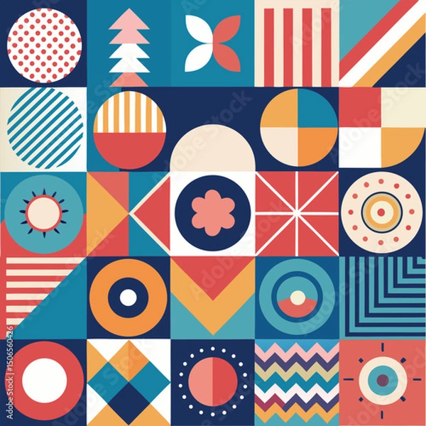 Fototapeta Geometric pattern vector background with Scandinavian abstract color or Swiss geometry prints of rectangles, squares and circles shape design