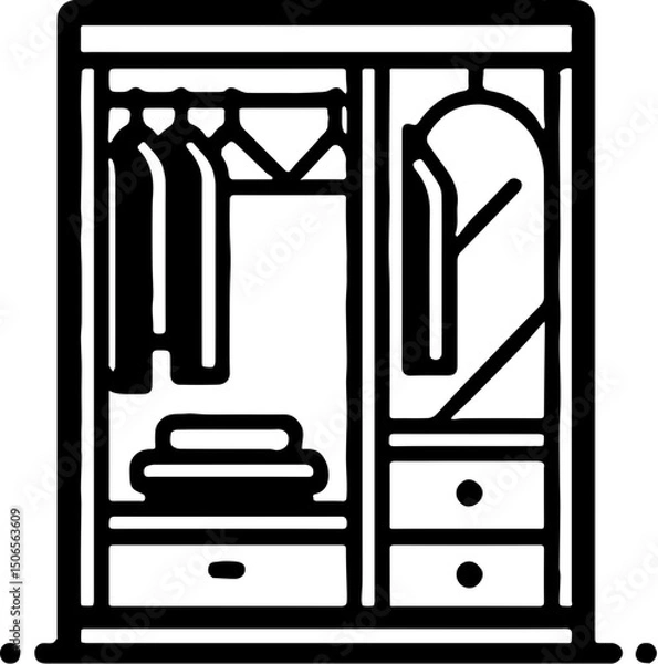 Obraz Simple black and white clipart of a wardrobe showing clothes hanging and folded, ideal for furniture or home design visuals.
