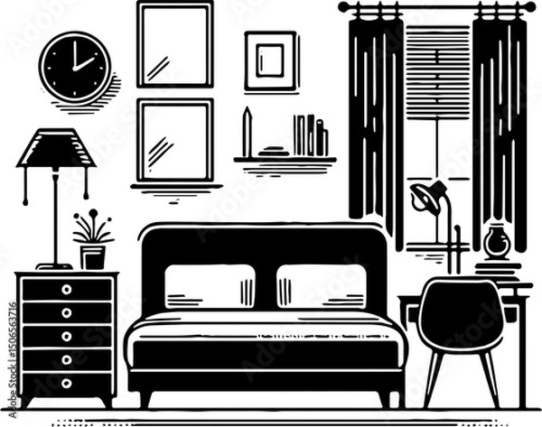 Obraz Silhouetted black and white drawing of a bedroom with bed, lamp, nightstand, and wall decorations in a simple style.