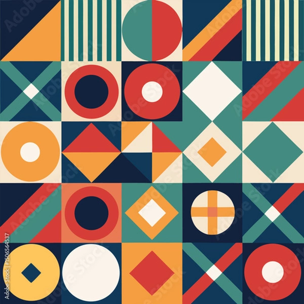 Fototapeta Geometric pattern vector background with Scandinavian abstract color or Swiss geometry prints of rectangles, squares and circles shape design