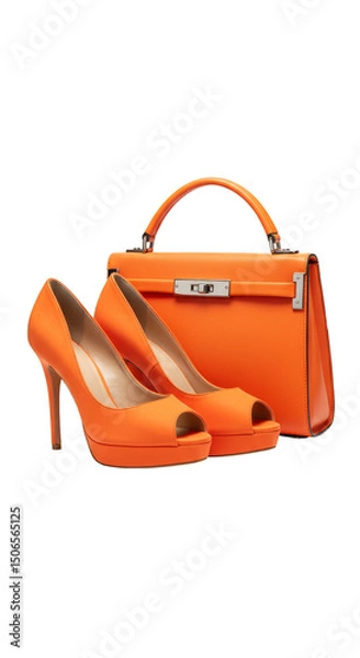 Fototapeta Orange High Heels Shoes And Handbag Isolated Photo on Transparent Background