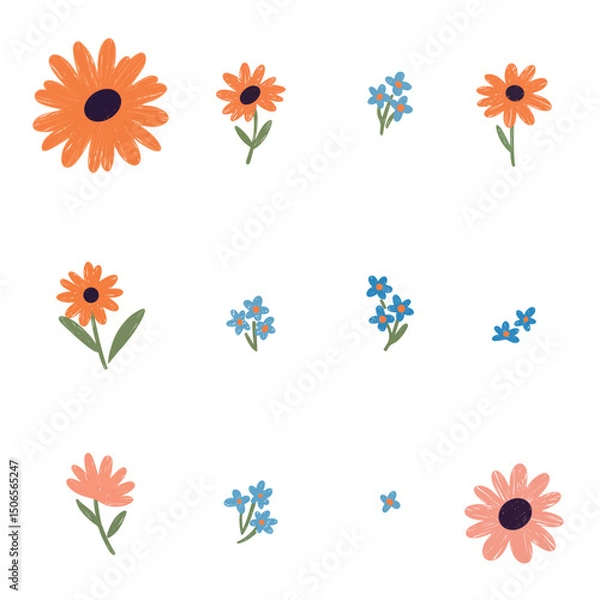 Fototapeta Bright floral elements for spring designs. Cheerful floral illustrations, floral assets