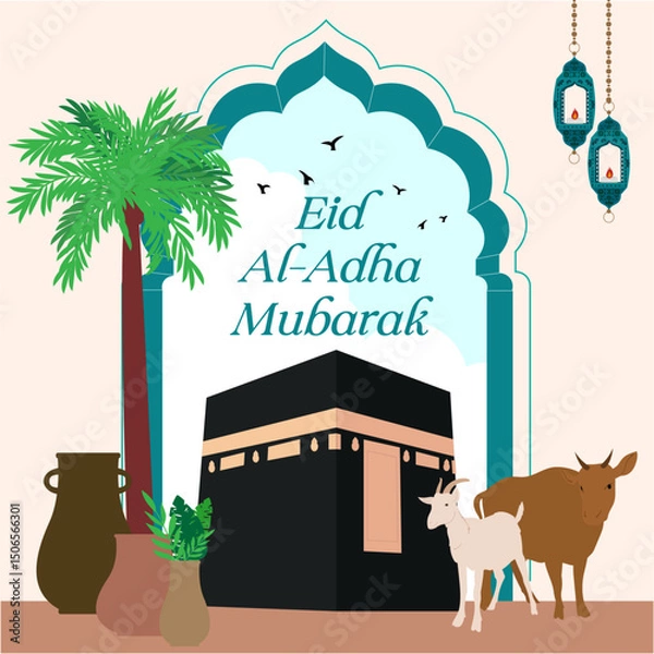 Fototapeta Adha Mubarak with qurban and kaabah in the background