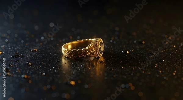Obraz Shiny Gold Ring on Sparkling Black Background

