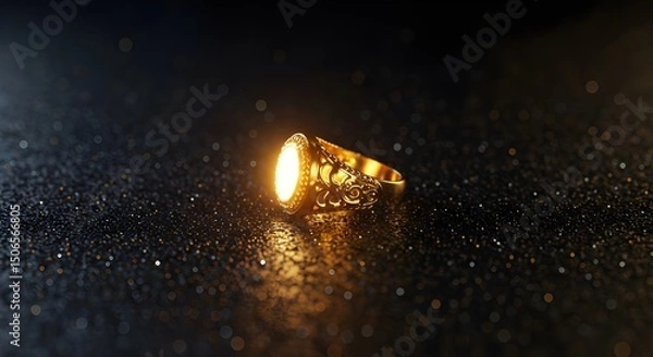 Obraz Shiny Gold Ring on Sparkling Black Background

