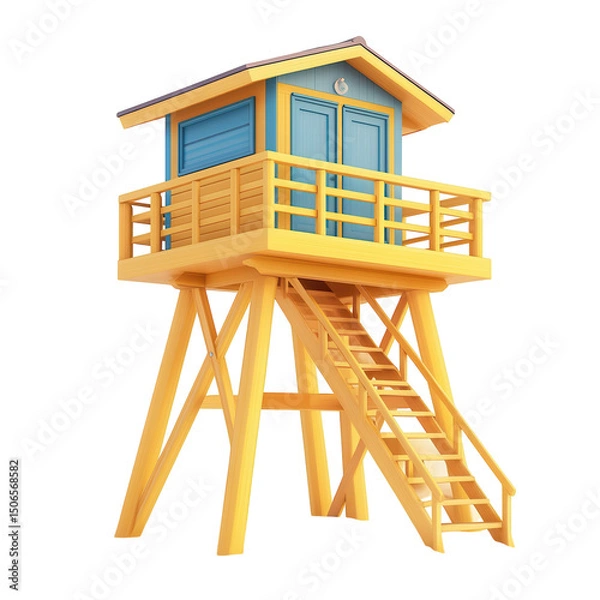 Fototapeta Whimsical lifeguard tower guarding summer dreams with bright yellow blue on transparent background