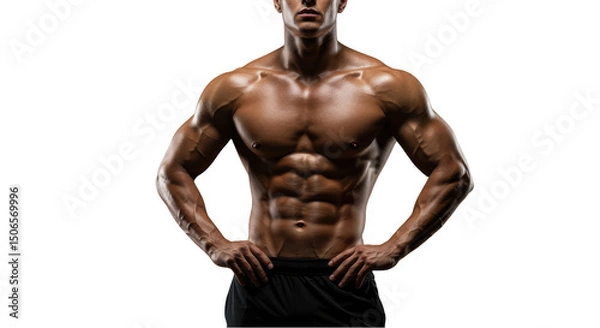 Fototapeta Photo of a Muscular Man with Hands on Hips in a Black Background