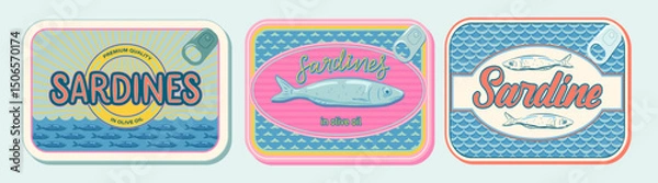 Fototapeta Sardines, seafood packaging. Sardine colorful vector sea illustration. Design for posters, stickers, package, recipe book.