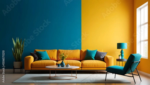Fototapeta Color-Blocked Modern Living Room with Bold Teal and Yellow Accents