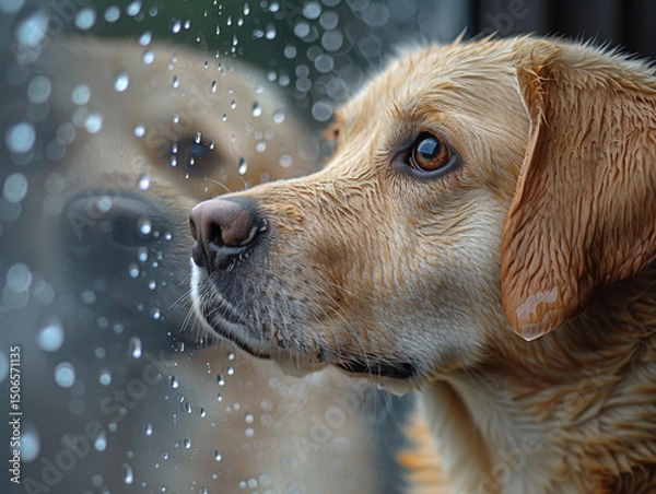 Fototapeta Bad weather, dog and cat looking sadly outside through a rainy window pane