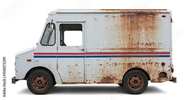Obraz A side view of a rusted white postal service truck with red and blue stripes on a white background