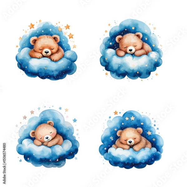 Obraz bears are sleeping sweetly on a cloud, in blue colors - vector watercolor illustrations for Babyshower for boy, for birthday