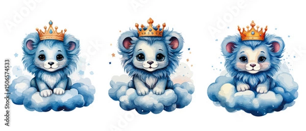 Obraz lion with crown sits on cloud, in blue flowers - vector watercolor illustrations for Babyshower for boy, for birthday