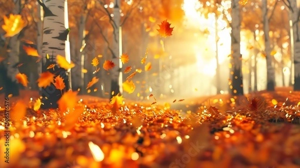 Obraz Autumn leaves falling in forest trees landscape background nature seasonal foliage fall season scene 1