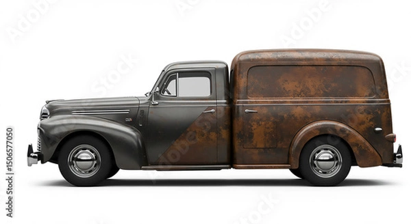 Obraz Side view of a rusty gray vintage panel truck with a white background in a studio setting
