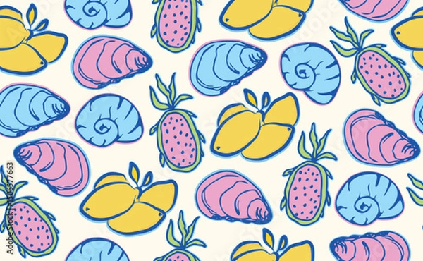 Obraz Hand drawn Italian Mediterranean seafood seamless pattern. Italy summer print, background with seafood, lemon, oyster, shell, pitaya. Coast sea blue elements for Italy menu, wedding, sketch. Vector il