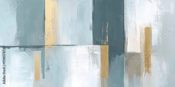 Fototapeta Abstract painting in muted blues, grays, and golds; featuring broad vertical and horizontal brushstrokes creating rectangular shapes