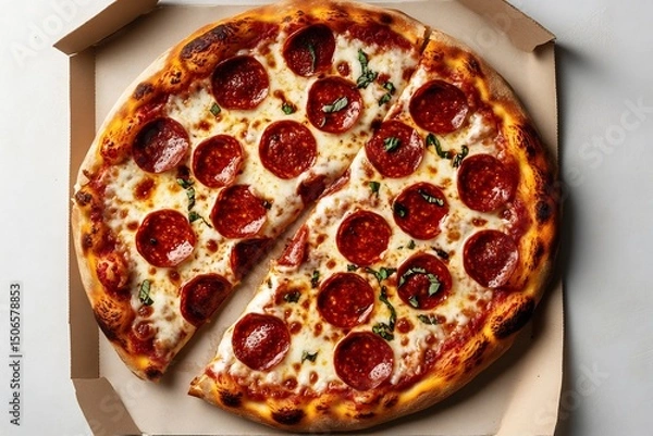 Fototapeta **New York-Style Pepperoni Pizza Slice With Melted Mozzarella And Crispy Crust, Isolated On Clean White Background, Top-Down Angle --Ar 3:2 --S 400 --V 6.1 --P G8Gxrjv** - @Darya (Relaxed)
