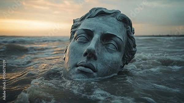 Fototapeta A statue partially submerged in the ocean, illustrating the rising sea levels and the effects of climate change.