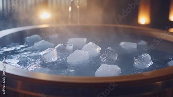 Fototapeta Elegant spa ice bath scene with wooden tub and floating ice cubes, captured in cinematic style with soft ambient light and steam, evoking luxury, wellness, and deep relaxation
