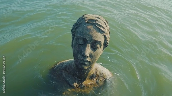 Fototapeta A statue partially submerged in the ocean, illustrating the rising sea levels and the effects of climate change.