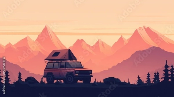Fototapeta Minimalist vector illustration of a small 4x4 overlanding truck with a rooftop tent in vast wilderness, framed by stylized mountain silhouettes and open sky, in earthy geometric tones and modern desig