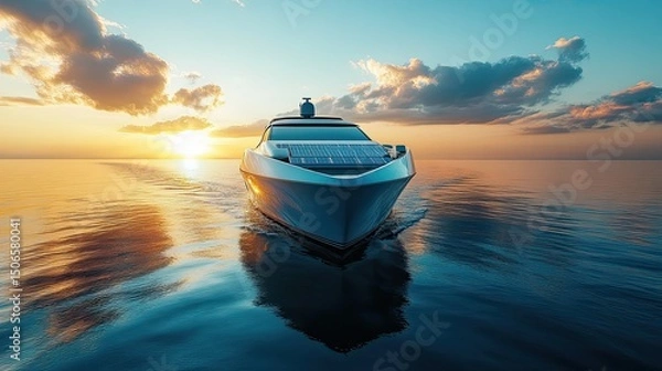 Fototapeta A solar-powered yacht sailing across calm ocean waters, representing eco-friendly maritime transportation.