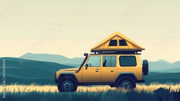 Fototapeta Small off-road SUV with rooftop tent in giant field, minimalist vector art with soft earthy tones and rolling hills, modern overlanding concept blending simplicity, travel, and outdoor serenity
