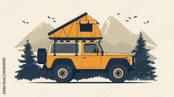 Fototapeta Minimalist vector illustration, rugged off-road vehicle with a rooftop tent, stylized in bold shapes and earthy tones, surrounded by mountain silhouettes, clean and modern adventure-themed design
