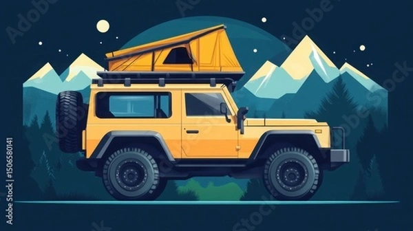Fototapeta Minimalist vector illustration of an overlanding vehicle with rooftop tent, surrounded by mountain silhouettes, styled with bold geometric shapes and earthy tones for a clean, modern adventure vibe
