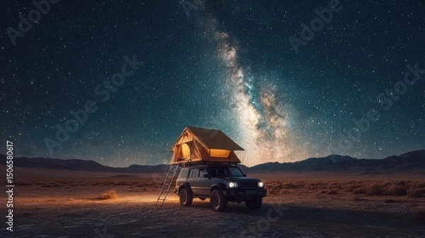 Fototapeta Tiny SUV with rooftop tent parked in open desert beneath endless stars, interior glowing in soft light—photorealistic overlanding moment filled with solitude, silence, and off-grid exploration
