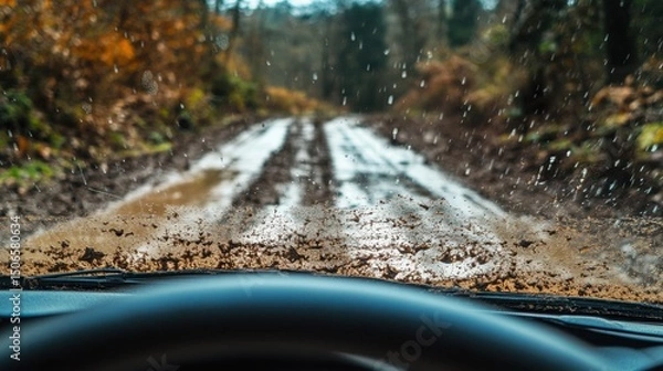 Fototapeta POV perspective, driver's view from inside a mud-covered windshield, wipers clearing just a small section, blurred off-road trail ahead, wet and rugged environment creating an immersive experience