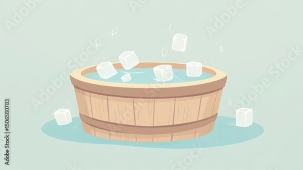 Fototapeta Scandinavian-style flat illustration of an ice bath scene with a wooden tub and small ice cubes, featuring muted colors, minimalist lines, and a clean, functional wellness-inspired visual design
