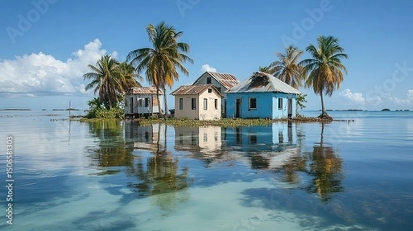 Fototapeta A small island community slowly disappearing as rising sea levels submerge the last standing houses.