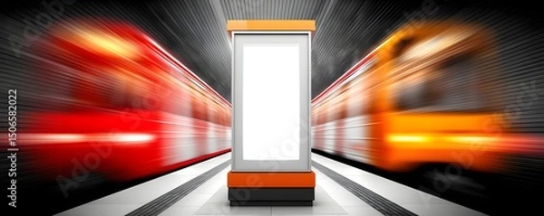 Fototapeta Amidst the hustle of a busy subway station, a blank white mock-up billboard hangs prominently, offering copyspace for digital media ads. This prime advertising spot captures the attention of