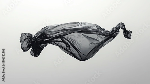 Fototapeta A single black plastic bag floating in an empty white space, symbolizing the impact of plastic waste.