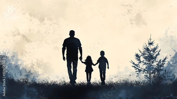 Obraz modern outline of father walking with two kids