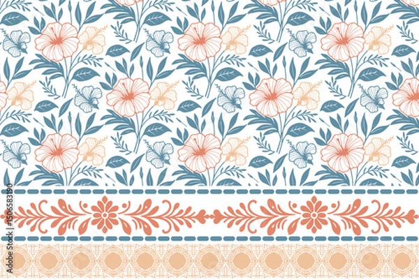 Fototapeta seamless cotton border idea, fashion floral wrapping sketch, one line rose print texture, modern textile design pattern, hand drawn fabric

