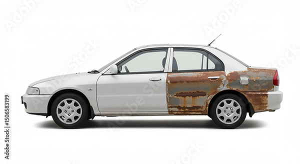 Obraz Side view of a white car with rust damage on the rear half against a white background in a studio shot