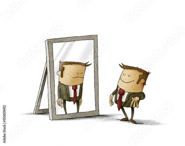 Obraz Happy businessman in front of a mirror where it looks reflected sad. isolated, white background.