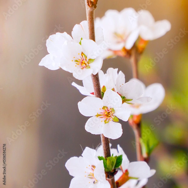 Obraz A branch with blooming white spring flowers of Prunus tomentosa