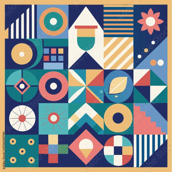 Fototapeta Geometric pattern vector background with Scandinavian abstract color or Swiss geometry prints of rectangles, squares and circles shape design