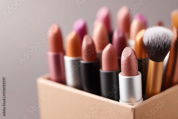Fototapeta Lipstick and makeup brushes in a box in a beauty studio. The different shades of lipstick create a beautiful display in the container.