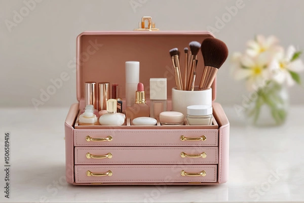 Fototapeta Elevated Beauty Storage: A pink case filled with makeup and brushes, blending style and practicality, adding charm to any space.