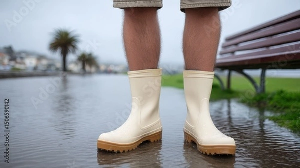 Obraz Wet feet in rain boots standing in flooded street.