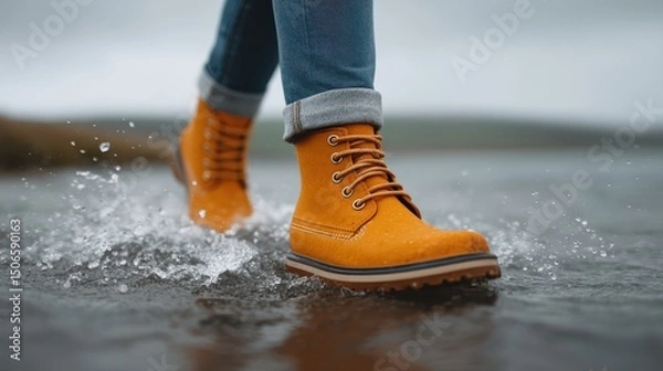 Obraz Walking through water in stylish yellow boots, creating splashes.